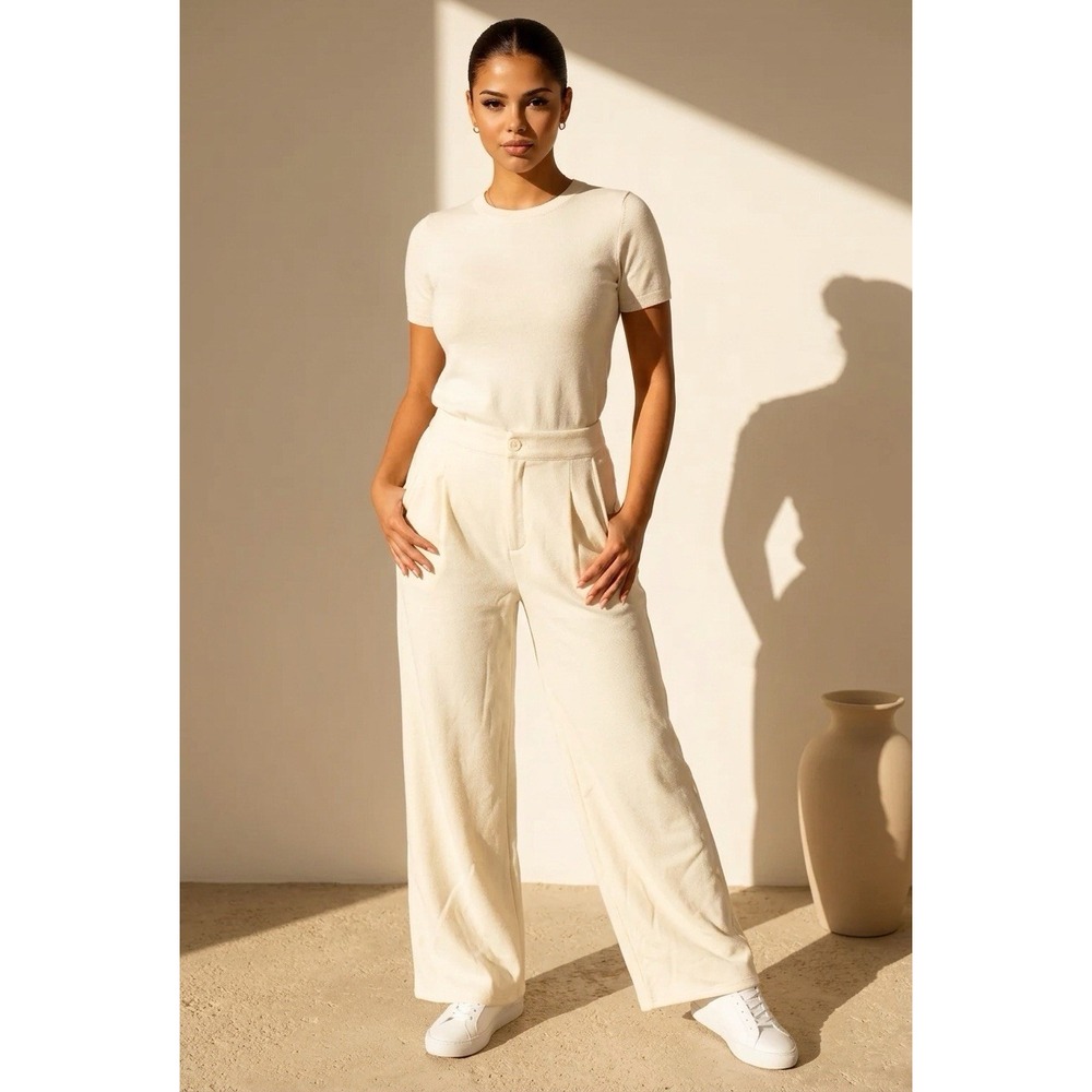 HALARA High Waisted Pockets Wide Leg Flannel Pants Front Pleats Cream